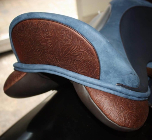 Blue vienna salle brn tooled cantle gusset - Custom Saddlery, Dressage Saddles | Drakesaddlesavvy.com