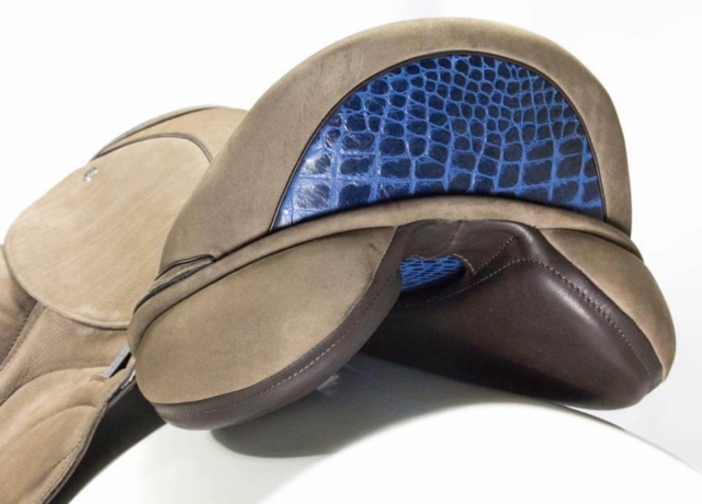 Taupe leather blue croc cantle lining - Custom Saddlery, Dressage Saddles | Drakesaddlesavvy.com
